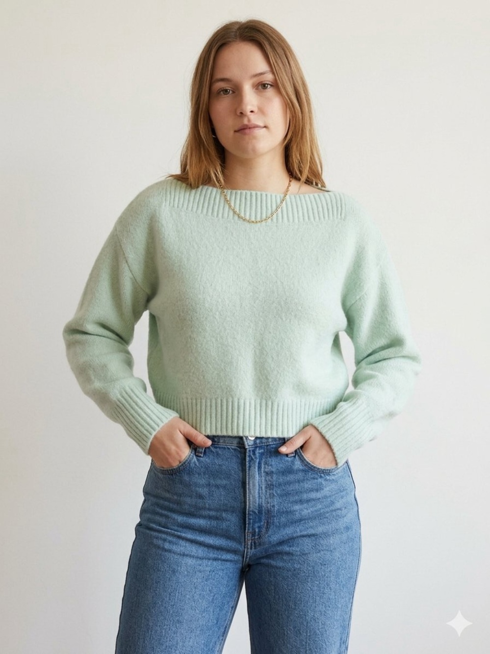 Boatneck Cropped Soft Knit Sweater, Mint Green Medium